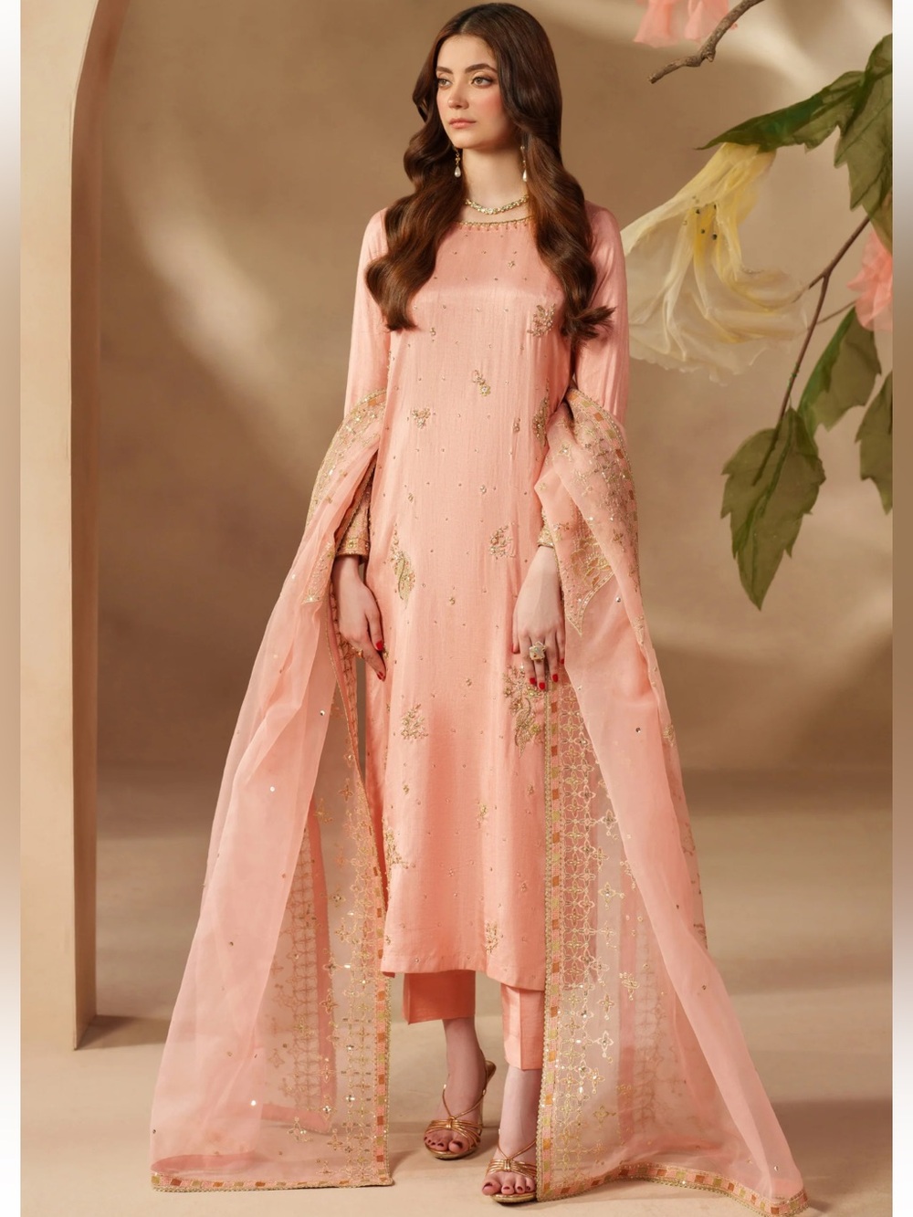 Embellished Rose Pink Wedding Dress with Gold Accents